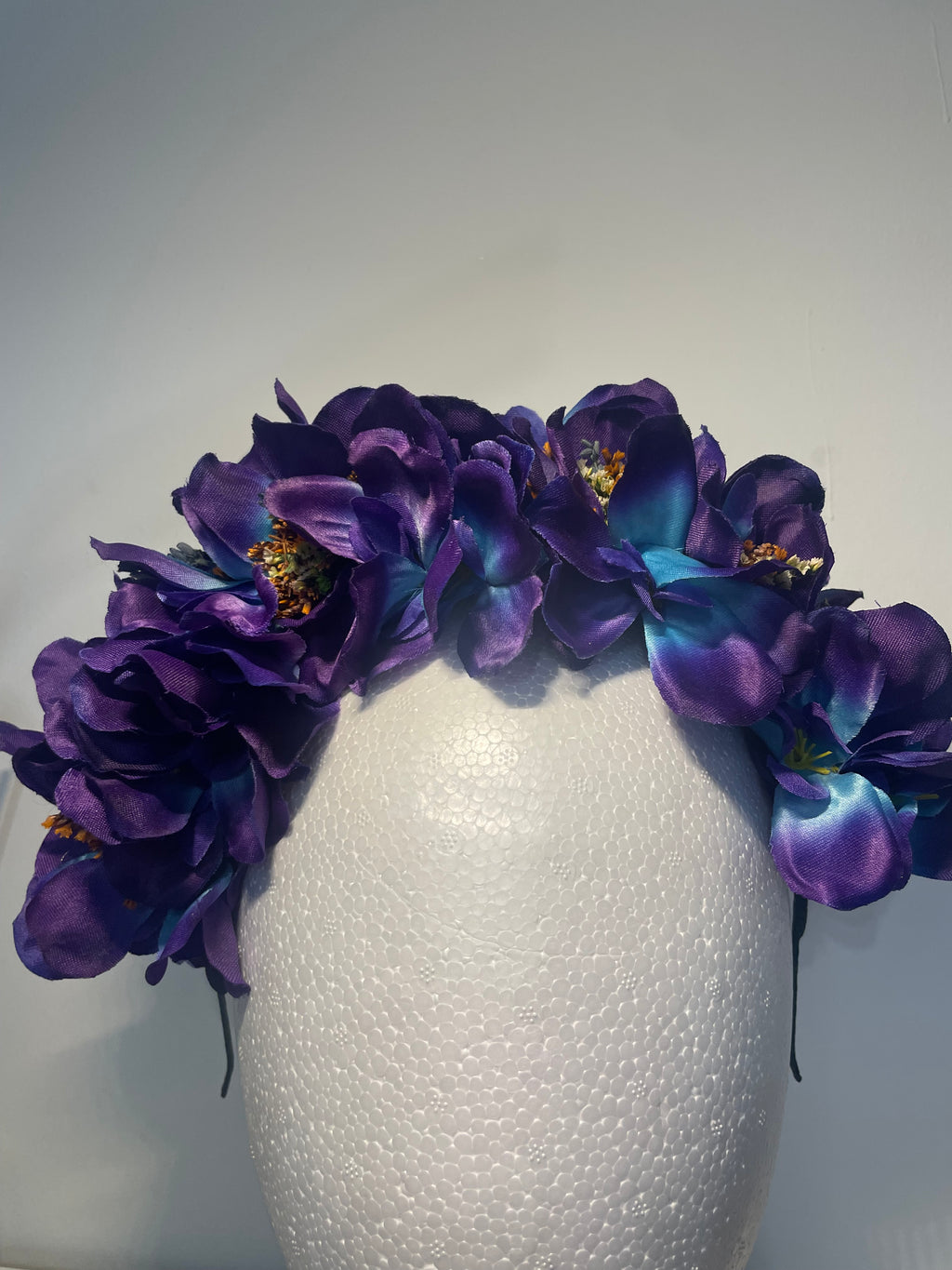 Blue/purple flowered headband inset with coloured dried flowers