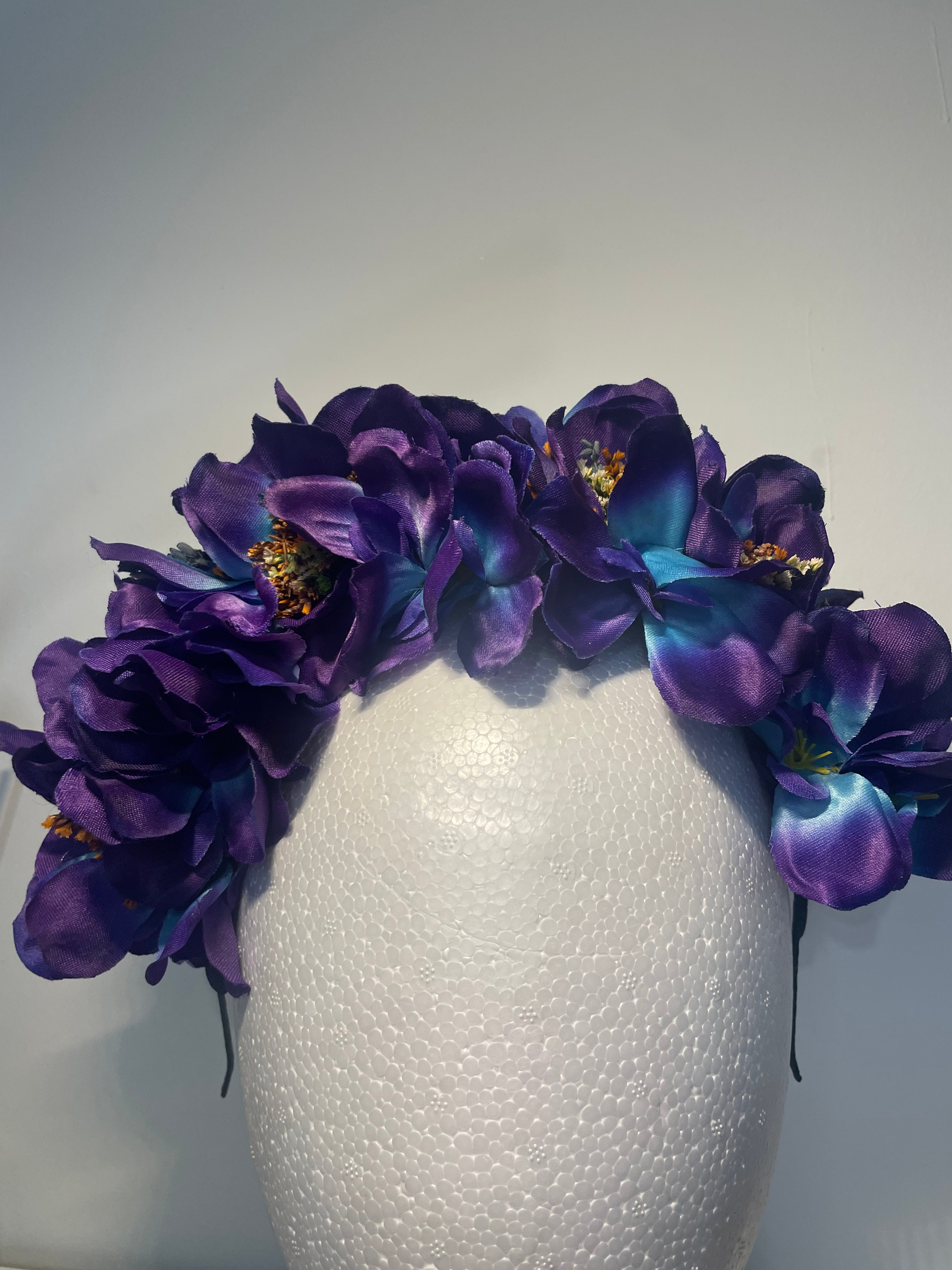 Blue/purple flowered headband inset with coloured dried flowers