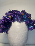 Blue/purple flowered headband inset with coloured dried flowers