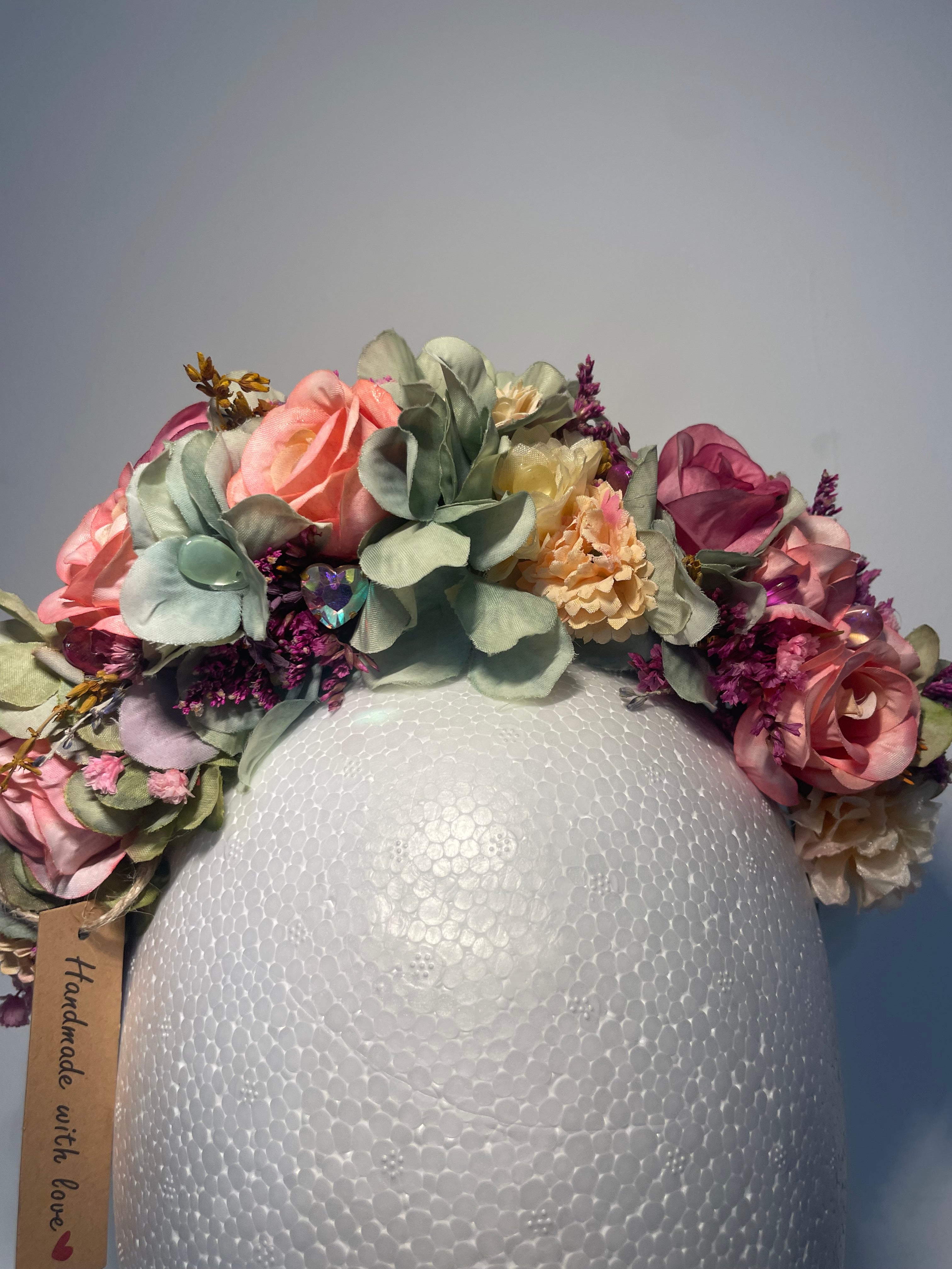 Gorgeous pink roses and green flowered headband