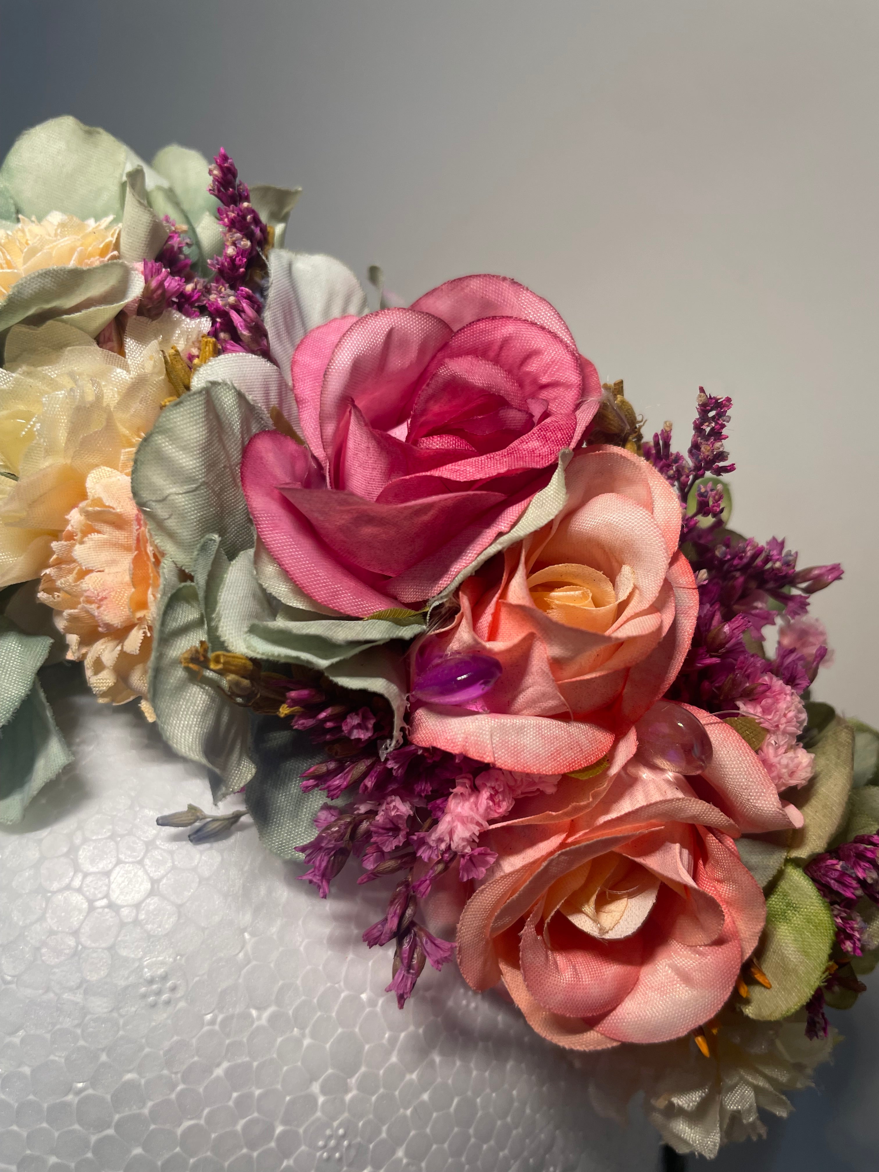 Gorgeous pink roses and green flowered headband